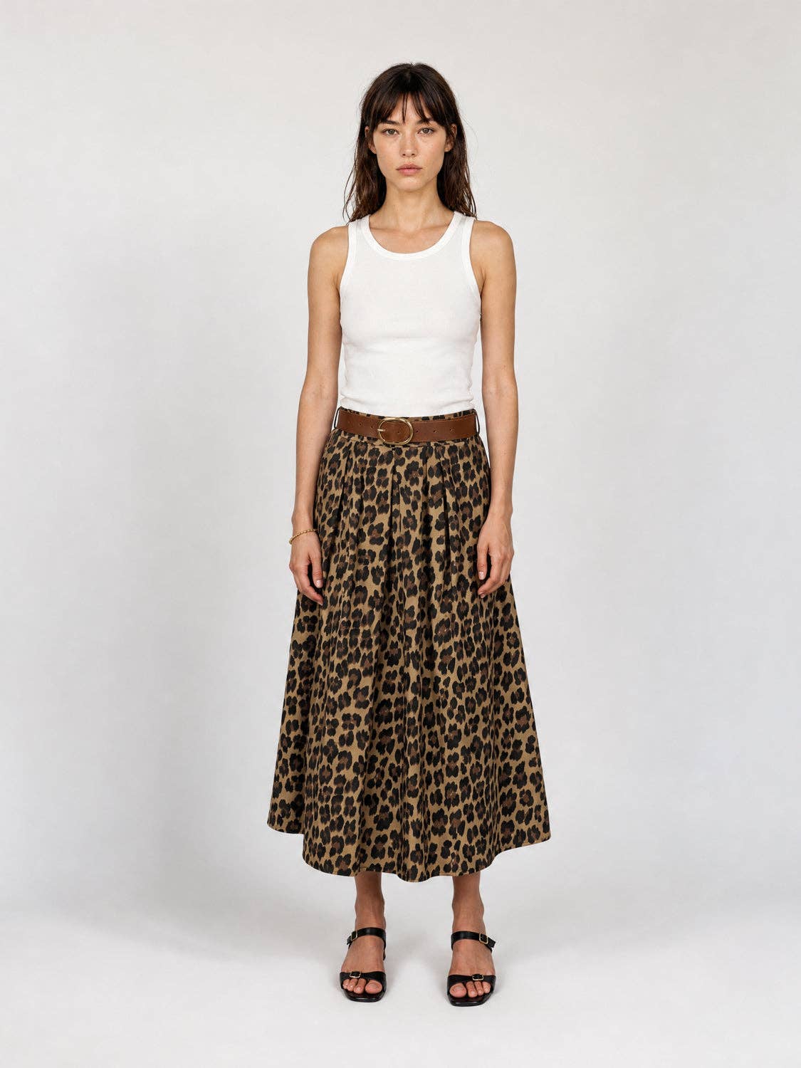 Jupe midi en coton stretch imprimé léopard TDM52123-28