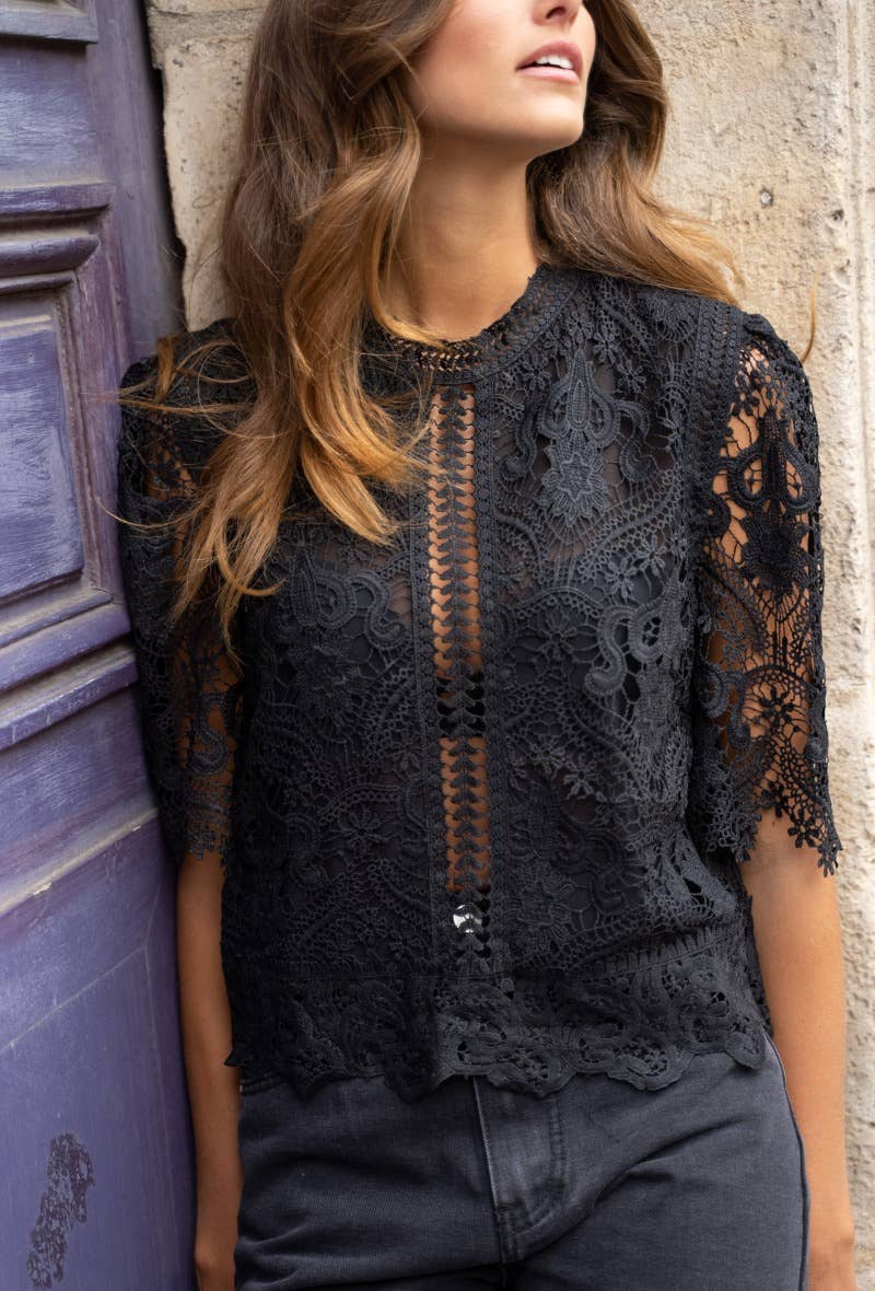 Haut en dentelle manches courtes Eléanore - Noir