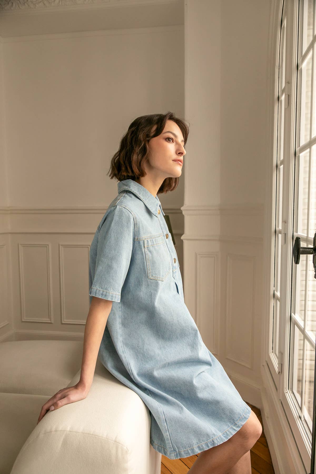 Robe Dalia en denim à col chemise: Bleu Foncé